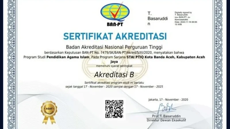 Prodi PAI STAI PTIQ Aceh Raih Akreditasi B